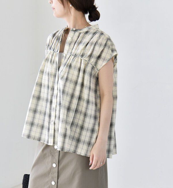 quaranciel「quaranciel:〈手洗い可能〉チェック ギャザー バンドカラー フレンチ シャツ」|シャツ・ブラウス|