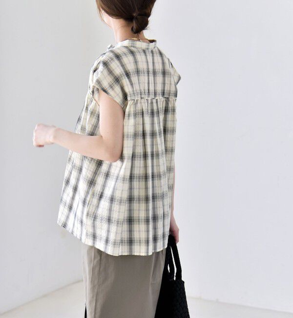 quaranciel「quaranciel:〈手洗い可能〉チェック ギャザー バンドカラー フレンチ シャツ」|シャツ・ブラウス|