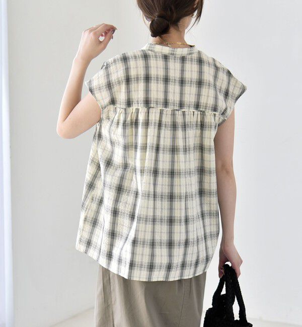 quaranciel「quaranciel:〈手洗い可能〉チェック ギャザー バンドカラー フレンチ シャツ」|シャツ・ブラウス|