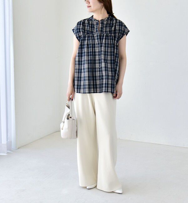 quaranciel「quaranciel:〈手洗い可能〉チェック ギャザー バンドカラー フレンチ シャツ」|シャツ・ブラウス|