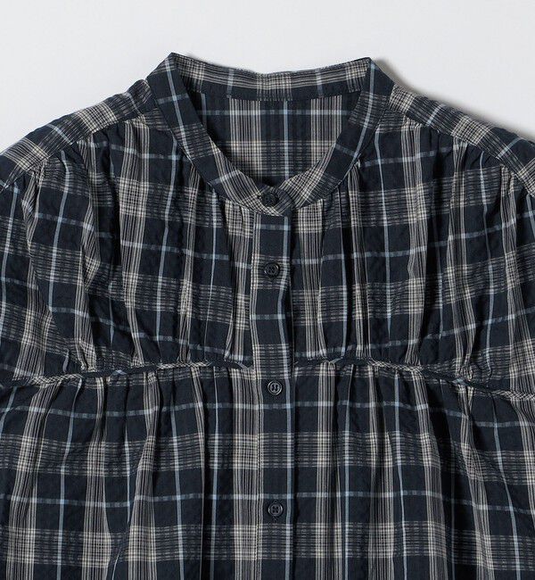 quaranciel「quaranciel:〈手洗い可能〉チェック ギャザー バンドカラー フレンチ シャツ」|シャツ・ブラウス|