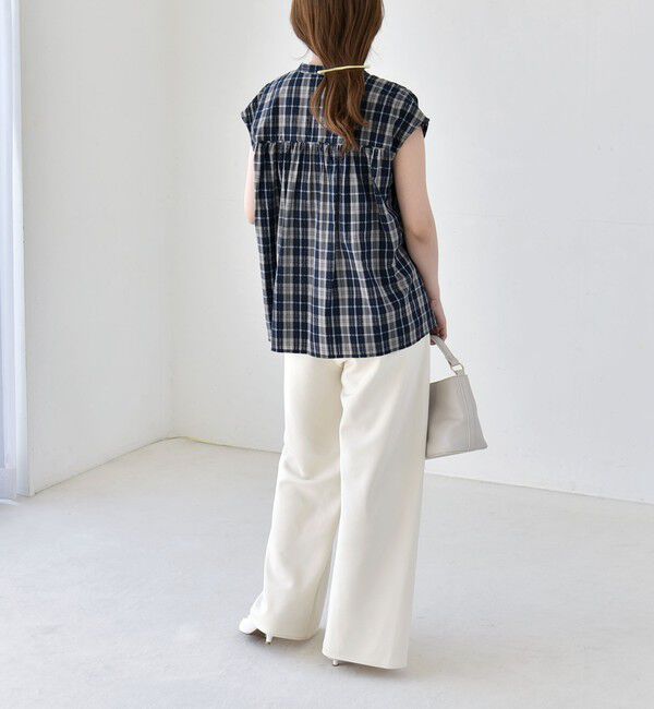 quaranciel「quaranciel:〈手洗い可能〉チェック ギャザー バンドカラー フレンチ シャツ」|シャツ・ブラウス|