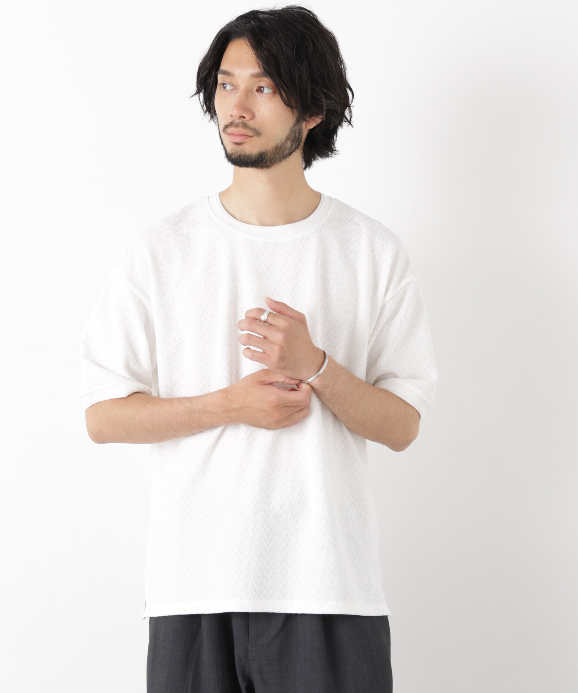 NANO universe「ヘリンボンジャガードTシャツ 半袖」|Tシャツ・カットソー|ホワイト