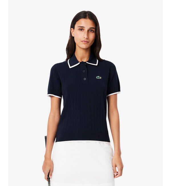 LACOSTE「メッシュ切り替え エッジ配色ゴルフニットポロシャツ」|ニット・セーター|ネイビー
