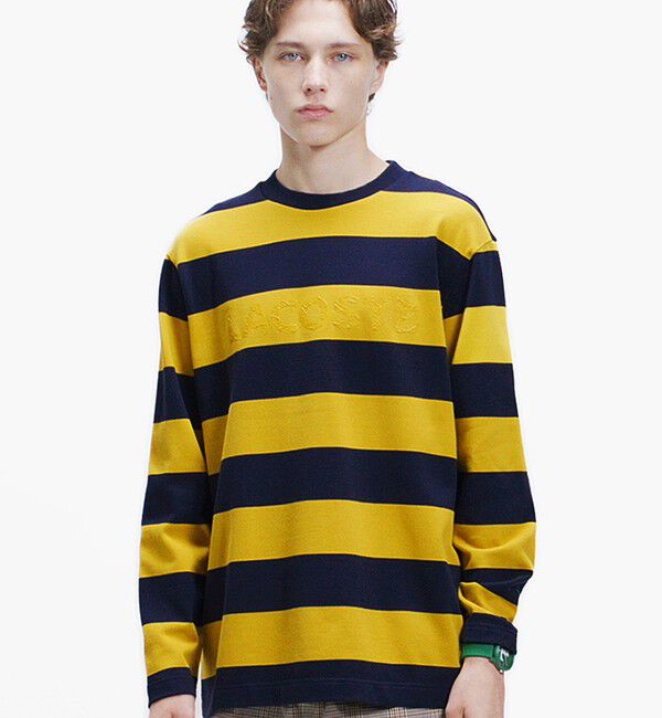 LACOSTE「テクスチャーロゴ ボーダーロングスリーブTシャツ」|Tシャツ・カットソー|イエロー
