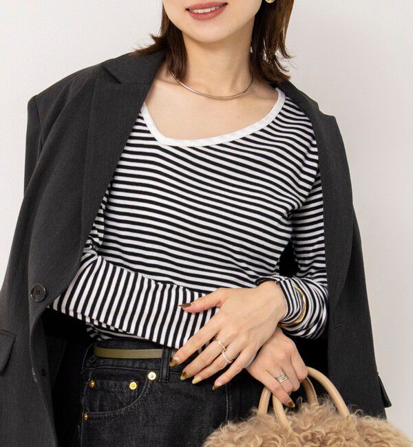 Rie Miller「ウォッシャブルアシンメトリー2WAYボーダーロンT」|Tシャツ・カットソー|ブラック・グレー系1