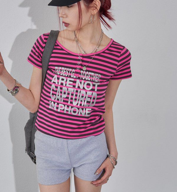  「リングドットヘンリーネックメッセージ TEE」|Tシャツ・カットソー|ピンク