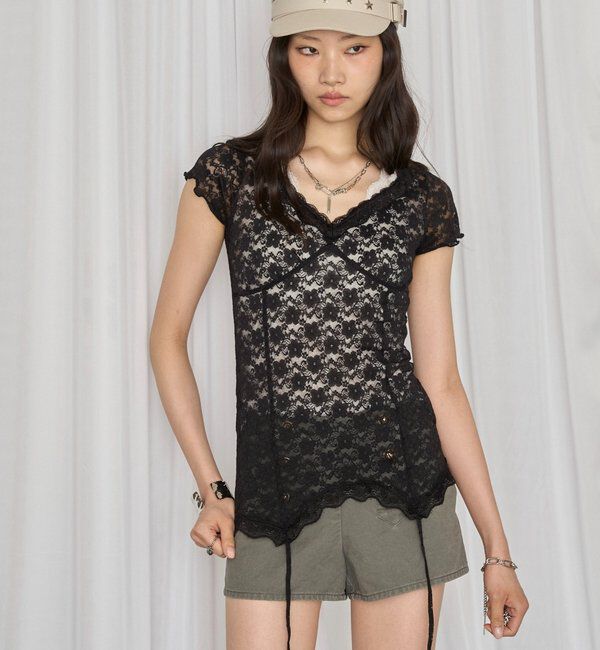  「レースガーターS/S トップス」|Tシャツ・カットソー|