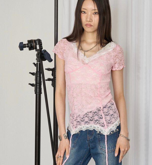  「レースガーターS/S トップス」|Tシャツ・カットソー|