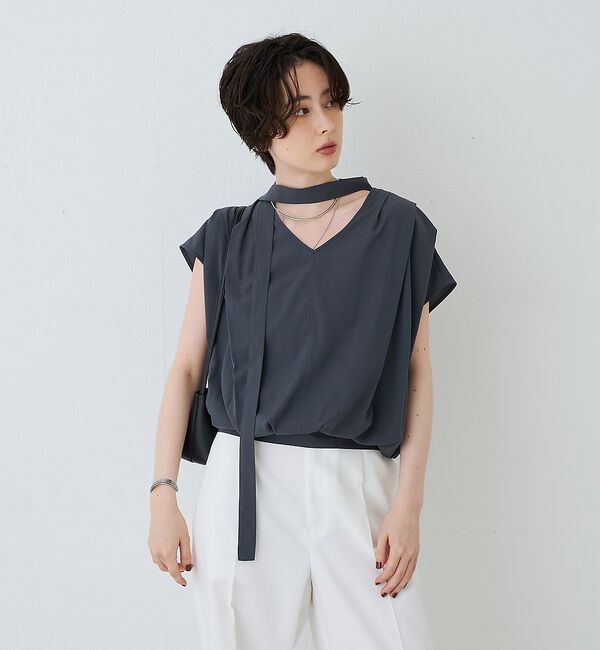 Rouge vif「タイ付きドレープタックVネックブラウス」|シャツ・ブラウス|
