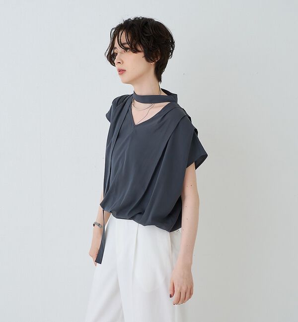 Rouge vif「タイ付きドレープタックVネックブラウス」|シャツ・ブラウス|