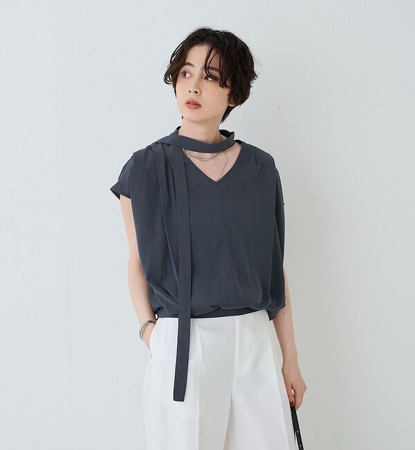 Rouge vif「タイ付きドレープタックVネックブラウス」|シャツ・ブラウス|