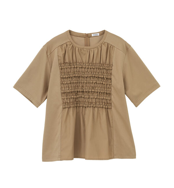 TIARA「フリルシャーリングコンビTブラウス」|Tシャツ・カットソー|キャメル