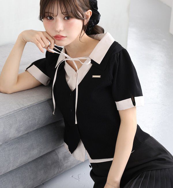  「シャツドッキング半袖ニット」|ニット・セーター|ブラック