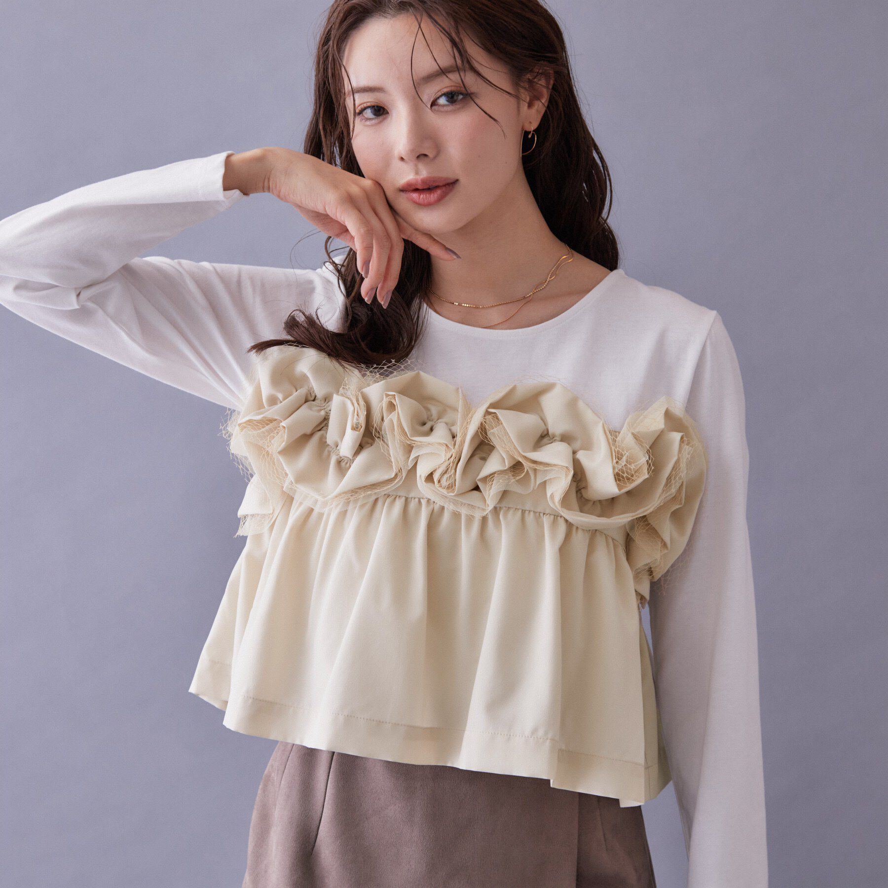 index「フリルぺプラムドッキングトップス【洗濯機OK】」|Tシャツ・カットソー|オフホワイト(003