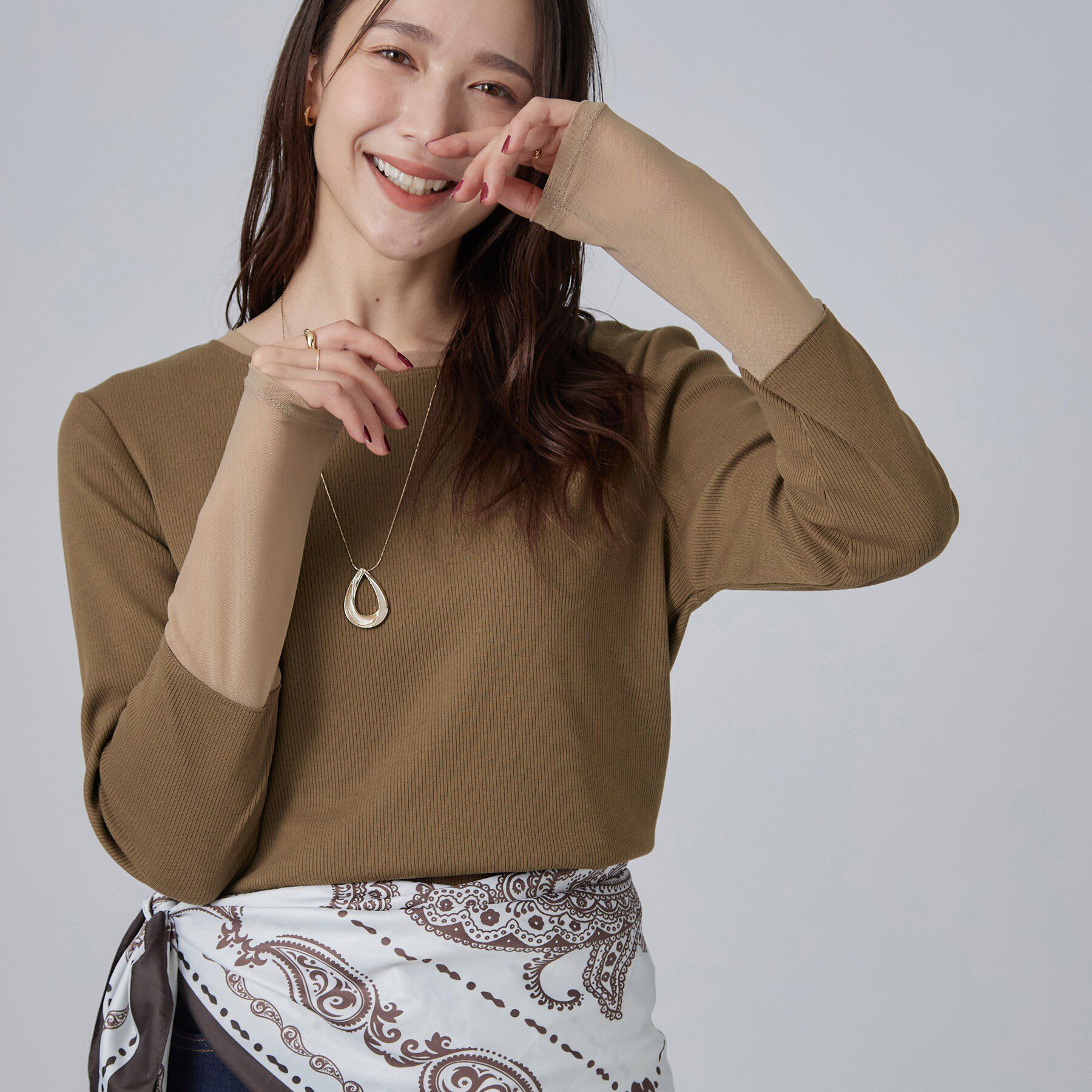 SHOO･LA･RUE「【S-LL/洗濯機可】コーデの幅広がる お袖チュールトップス」|Tシャツ・カットソー|キャメルブラウン(1