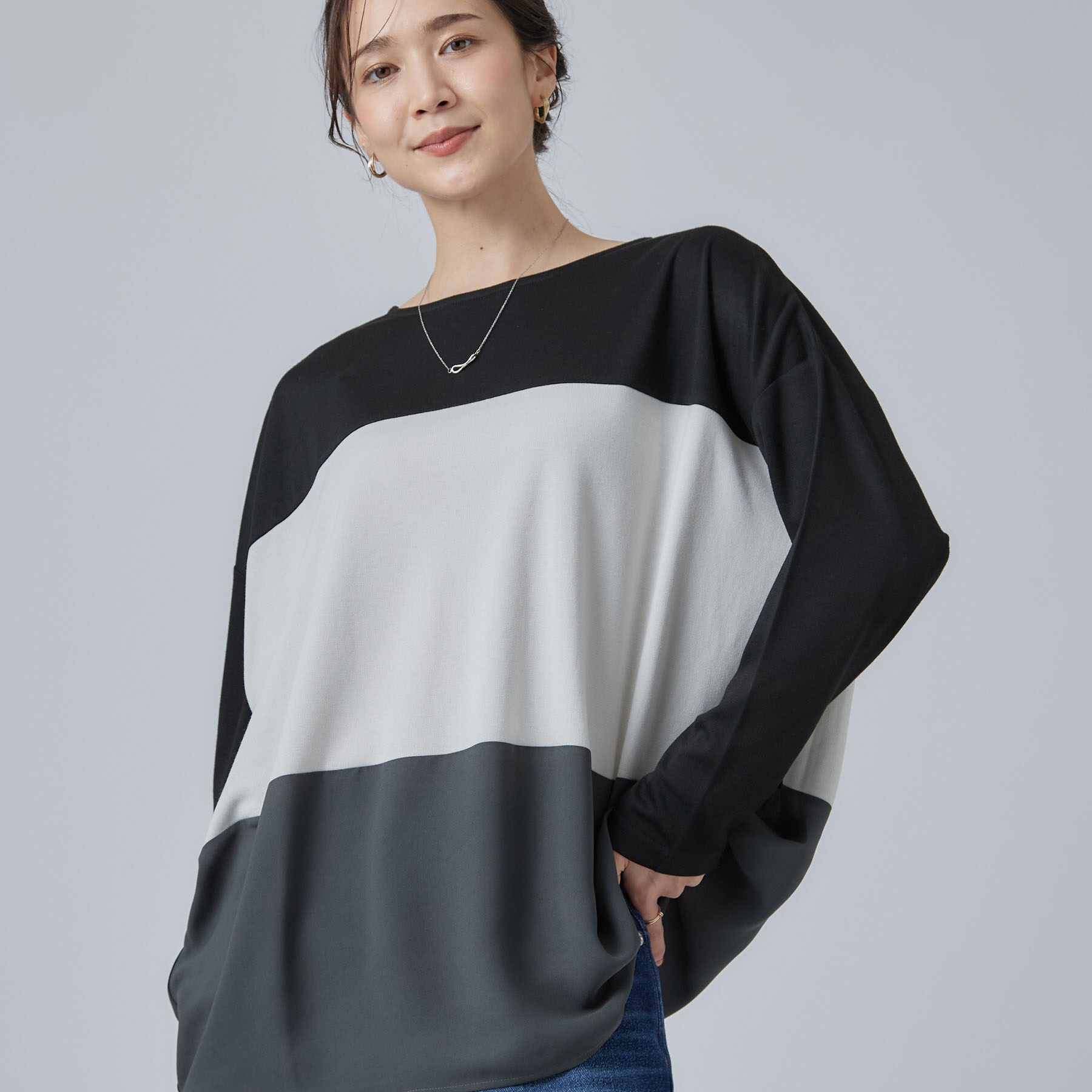 SHOO･LA･RUE「【S-LL/洗濯機可】三段切り替え 長袖トップス」|Tシャツ・カットソー|ブラック(019)