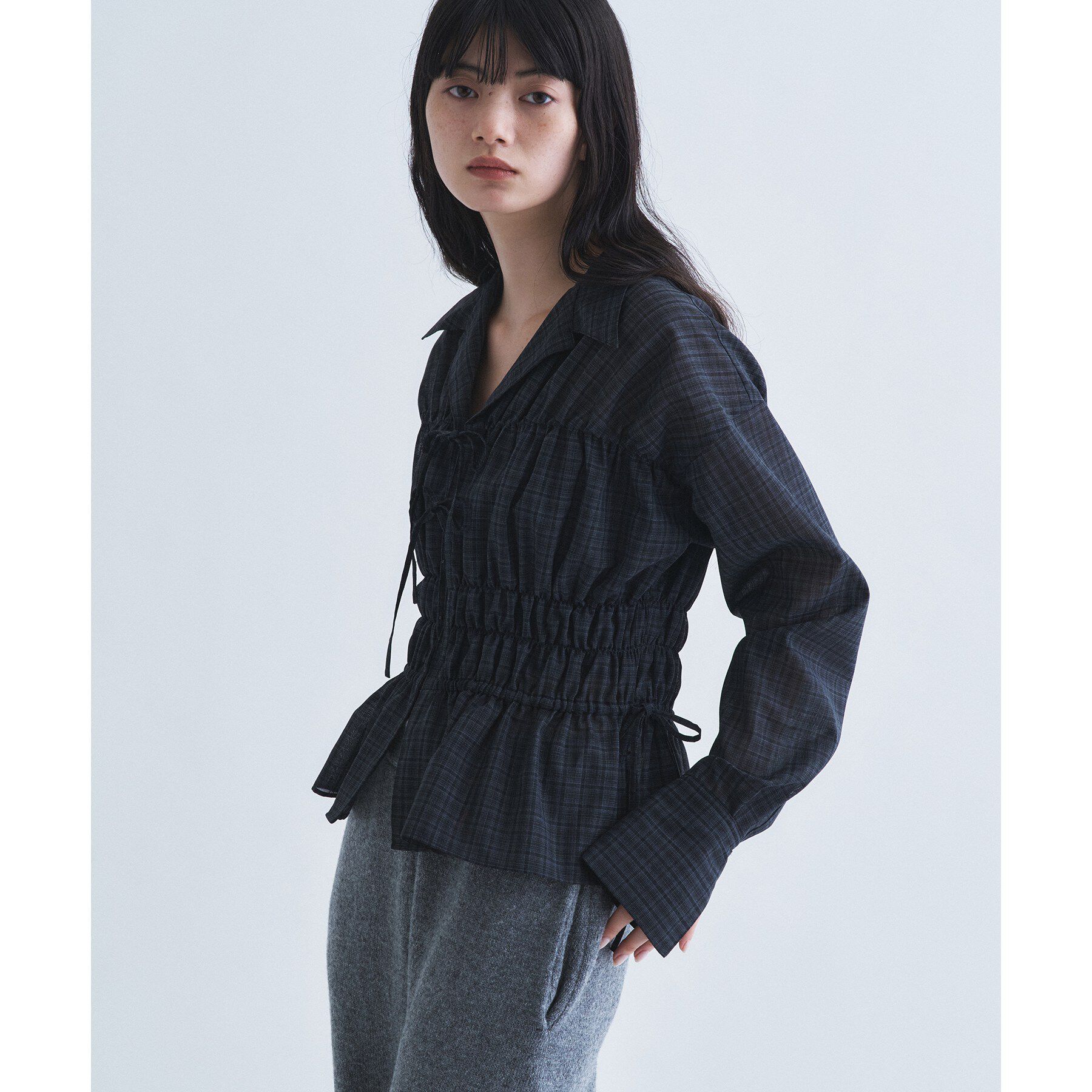 CODE A「light shirred check blouse」|シャツ・ブラウス|ブラック(219)