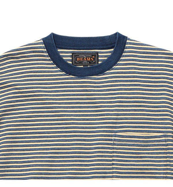 BEAMS PLUS「BEAMS PLUS｜Pocket Tee Indigo Stripe｜ポケットT｜大人カジュアル」|Tシャツ・カットソー|