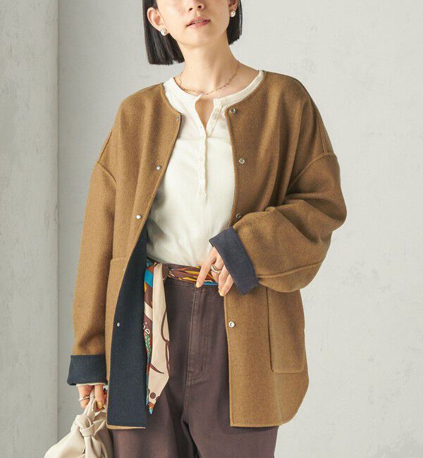 SHIPS for women「《予約》セミ 梳毛 配色 リバーシブル ノーカラー コート」|ノーカラーコート|ネイビー