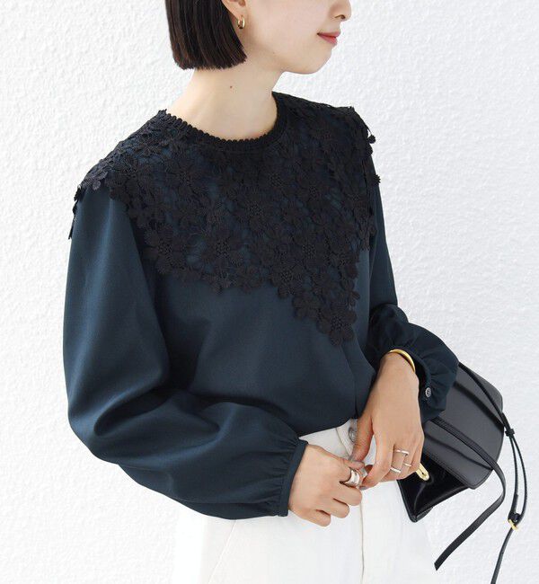 SHIPS for women「《予約》【WEB限定】〈手洗い可能〉フラワー ヨーク レース ロング スリーブ ブラウス」|シャツ・ブラウス|グリーン