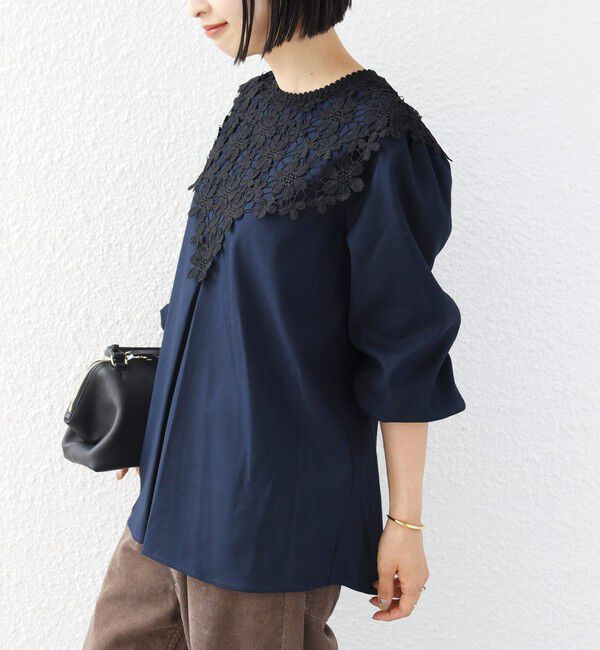 SHIPS for women「《予約》【WEB限定】〈手洗い可能〉フラワー ヨーク レース ロング スリーブ ブラウス」|シャツ・ブラウス|ネイビー