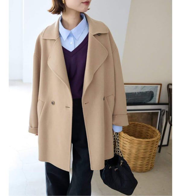 SLOBE IENA「《シリーズあり/追加予約》souple wool ダブルフェイスミドルコート」|ピーコート|キャメル