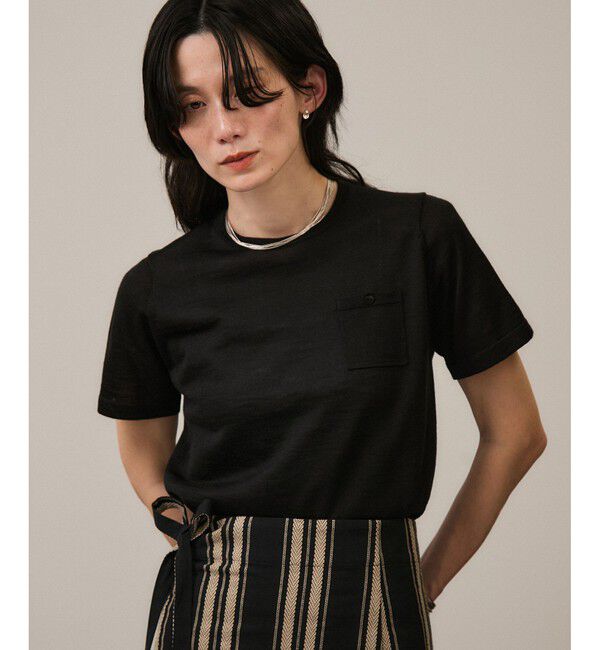 SALON adam et rope'「クロップドハーフスリーブリネンニット［ドライタッチ・洗える］」|Tシャツ・カットソー|ブラック(01)
