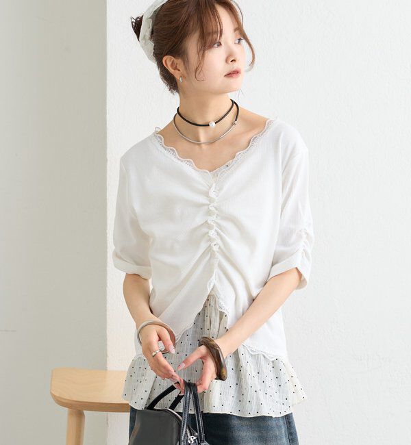  「半袖ギャザーリブカーディガン」|Tシャツ・カットソー|