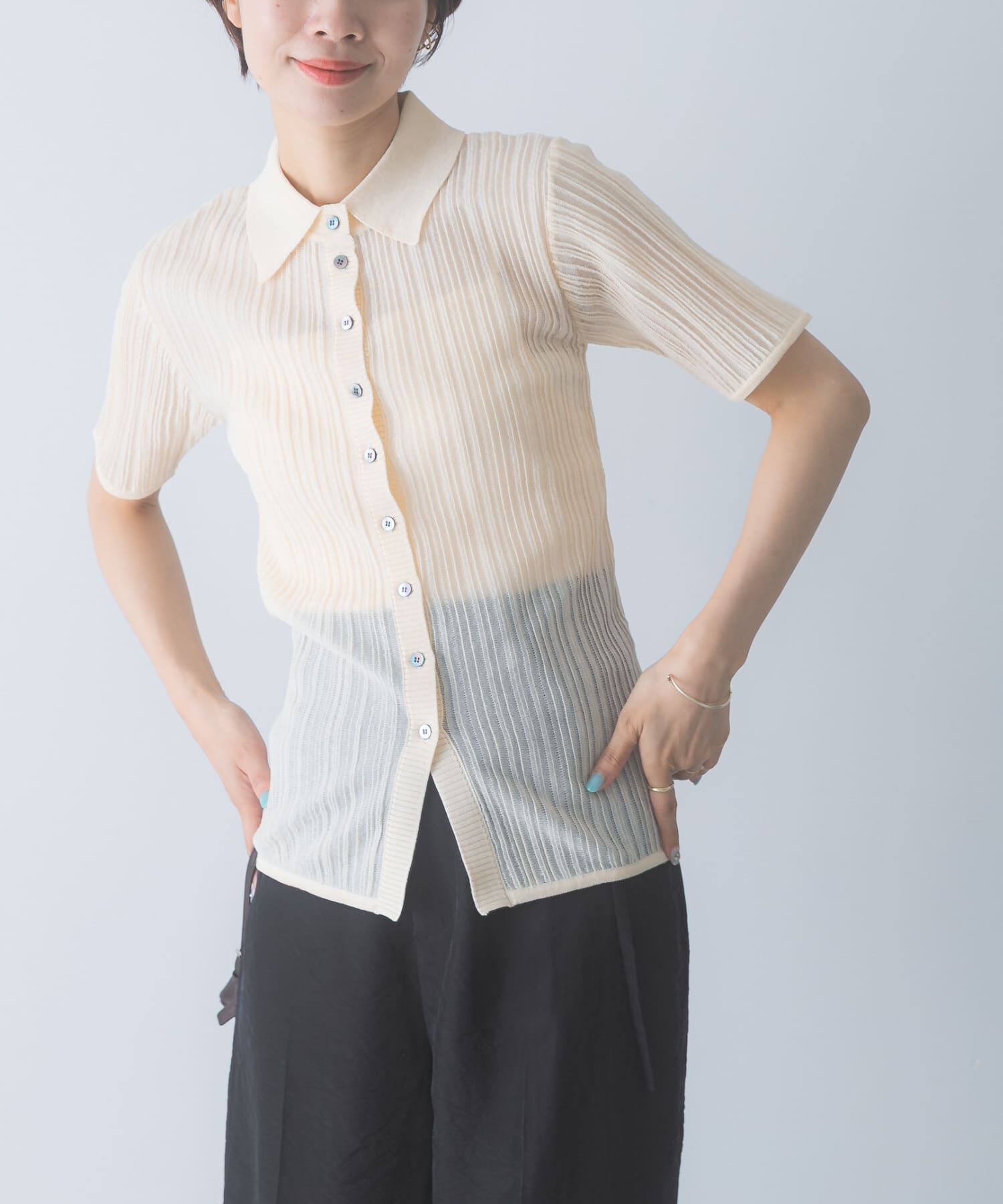 URBAN RESEARCH ROSSO「ELENDEEK　SHEER PLEATS KNIT TOP」|カーディガン|
