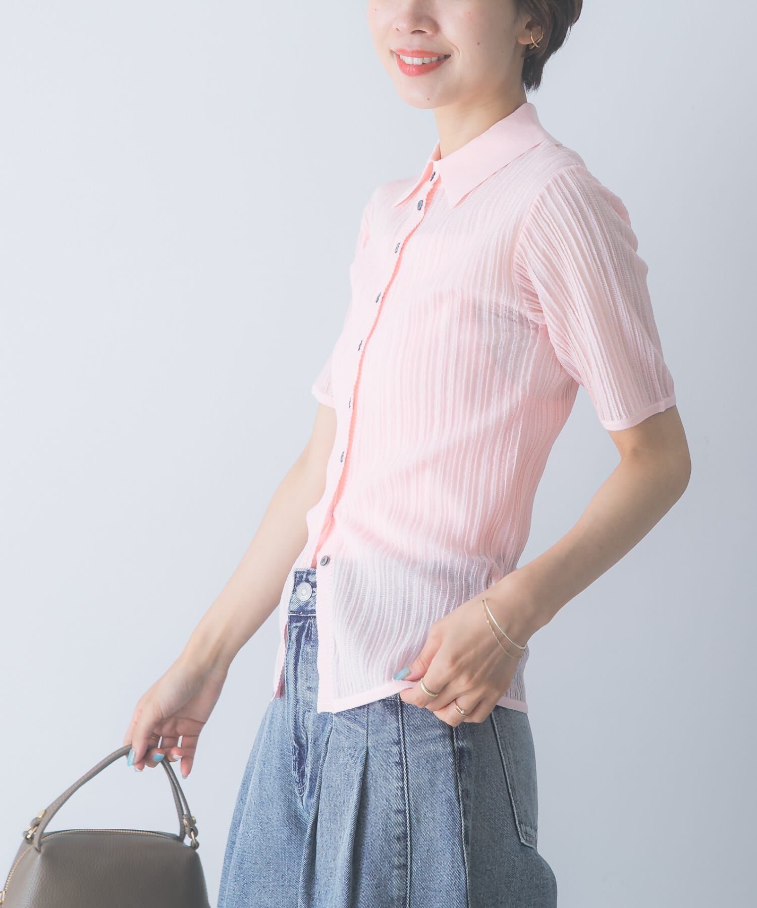 URBAN RESEARCH ROSSO「ELENDEEK　SHEER PLEATS KNIT TOP」|カーディガン|