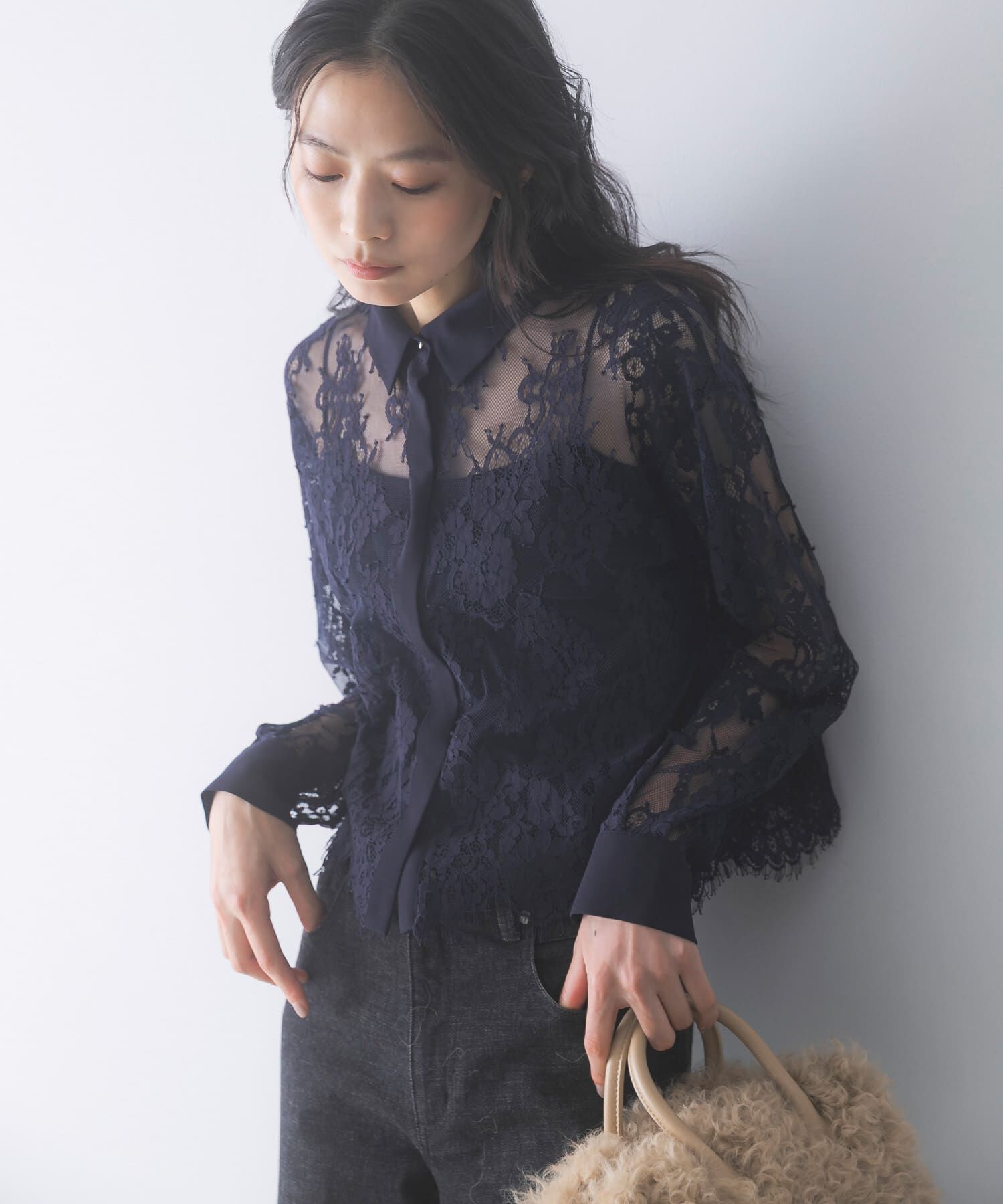 URBAN RESEARCH ROSSO「レースクレリックシャツ」|シャツ・ブラウス|ネイビー