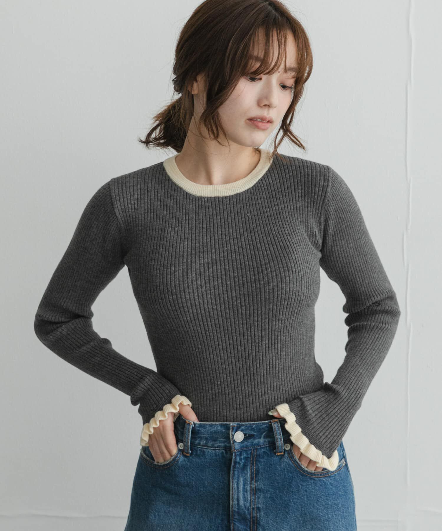 Sonny Label 「静電防止フリルクルーネックリブニットプルオーバー」|ニット・セーター|
