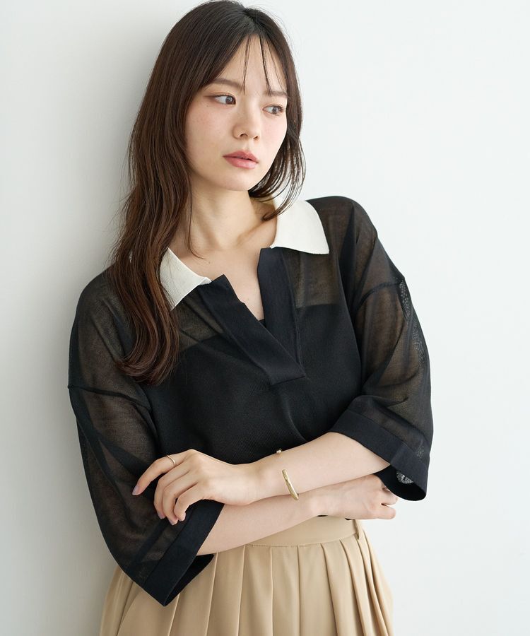 earth music&ecology「シアーポロプルオーバー」|ニット・セーター|Black