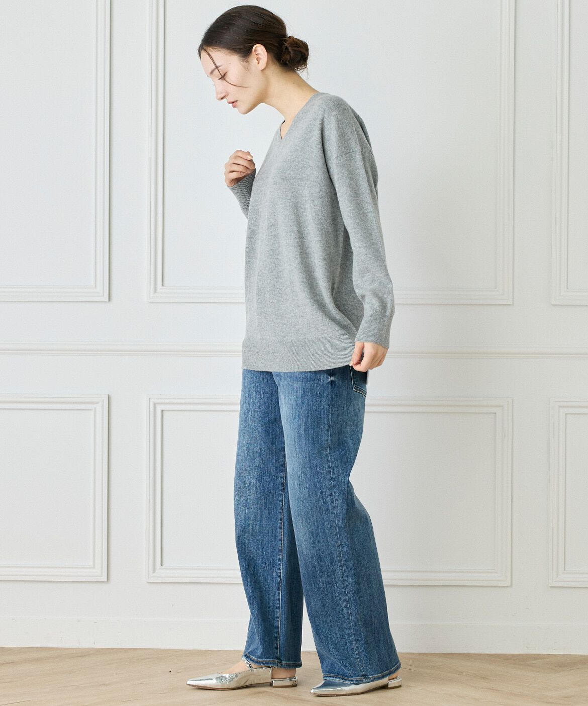 INED「《大きいサイズ》カシミヤ混Vネックチュニックニット《WEB限定カラー》」|ニット・セーター|