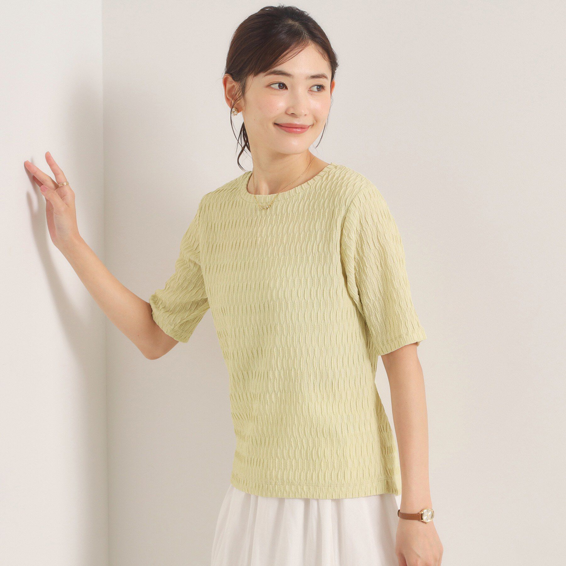 ITS&rsquo;DEMO「シャーリングジャカードTシャツ」|Tシャツ・カットソー|ライトイエロー(03