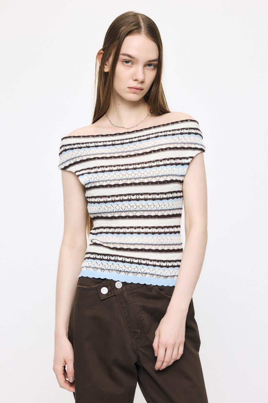 MOUSSY「STRIPED OFF SHOULDER トップス」|ニット・セーター|