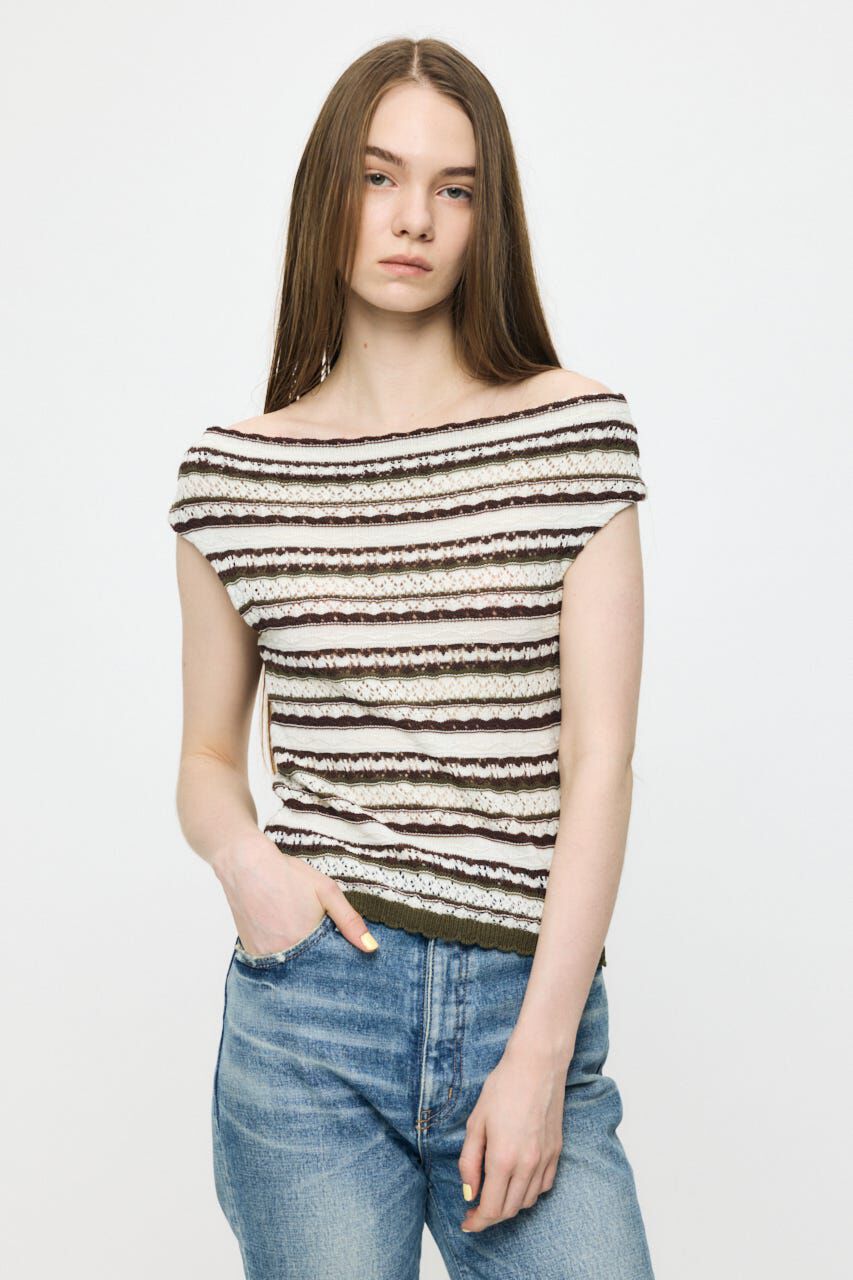 MOUSSY「STRIPED OFF SHOULDER トップス」|ニット・セーター|
