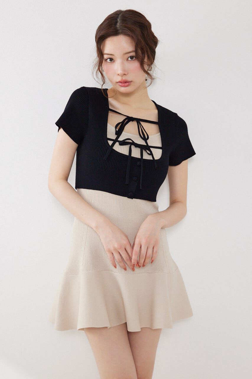 rienda「フロントリボンカーデセットニットミニワンピース」|ワンピース|