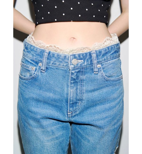 EVRIS「サイドリボンウエストレースフレアデニムパンツ」|デニム|