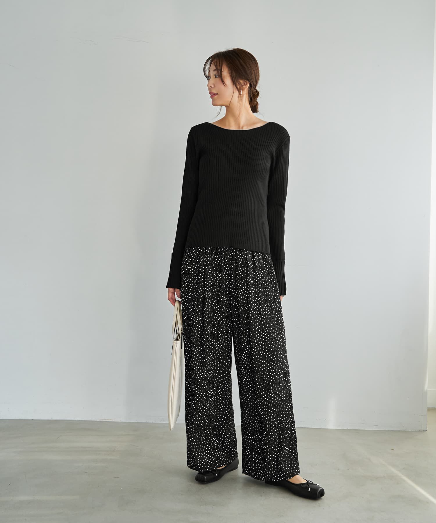 STYLE DELI「袖口折り返しボートネックリブトップス」|ニット・セーター|