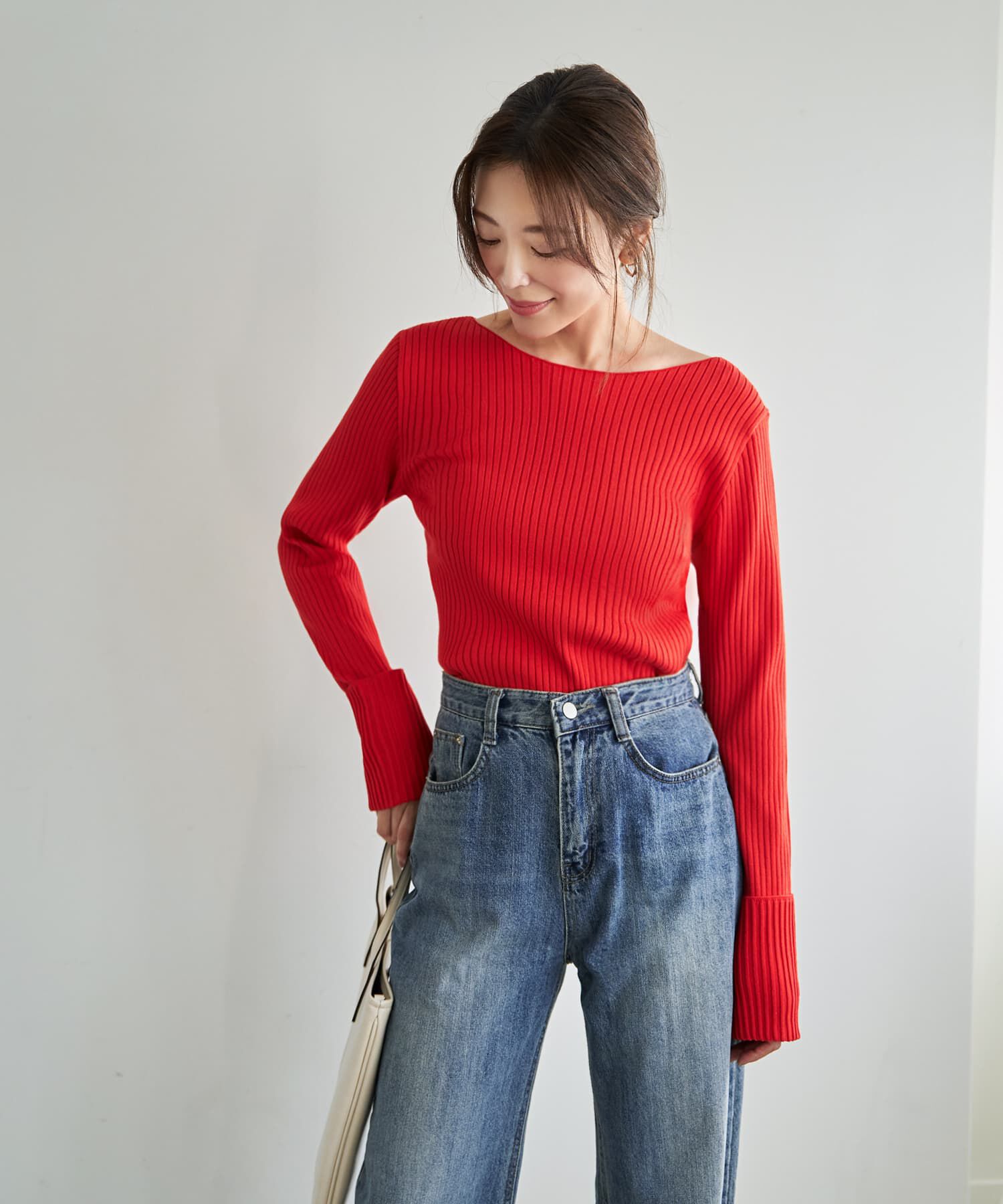 STYLE DELI「袖口折り返しボートネックリブトップス」|ニット・セーター|ブライトレッド