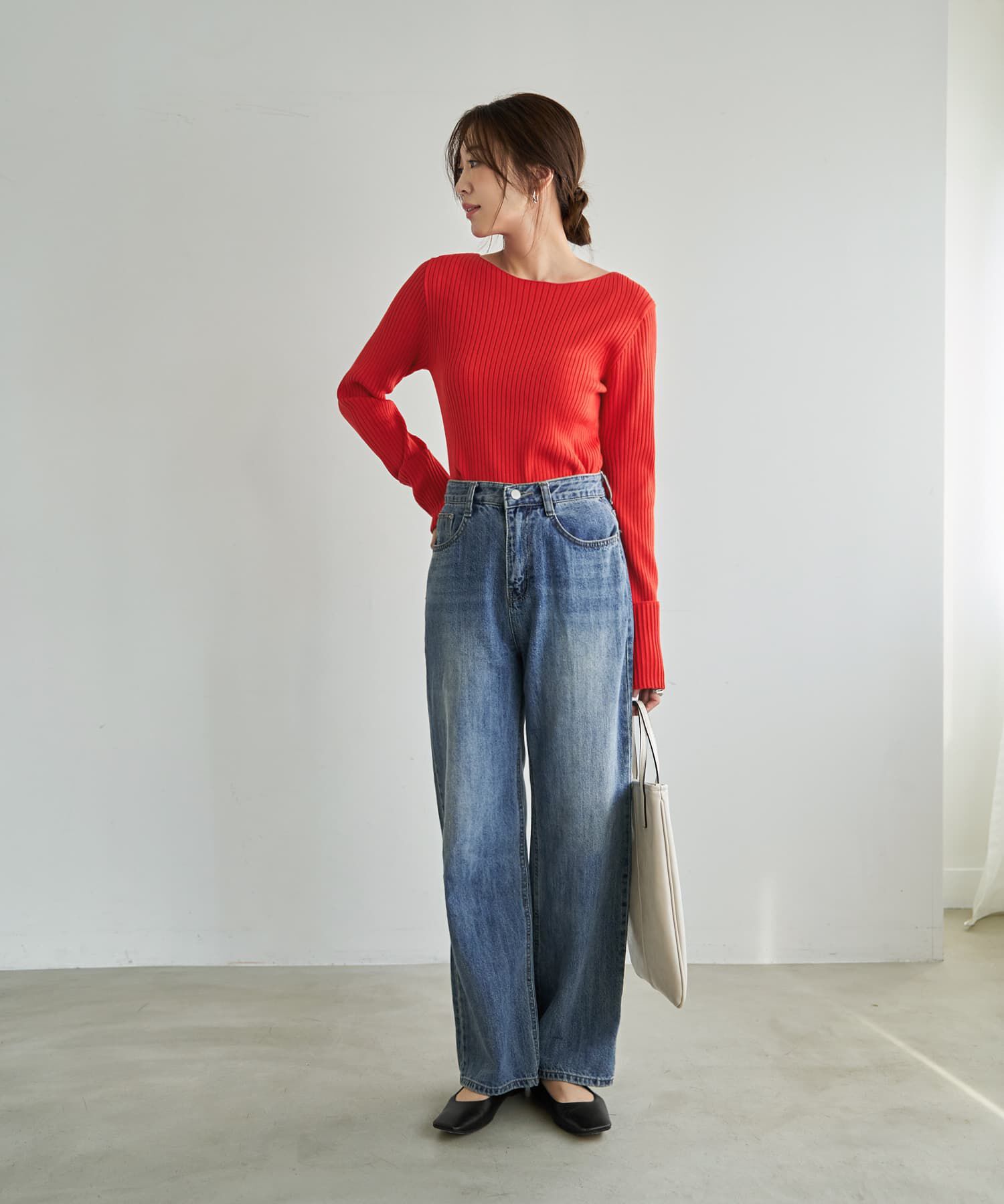 STYLE DELI「袖口折り返しボートネックリブトップス」|ニット・セーター|