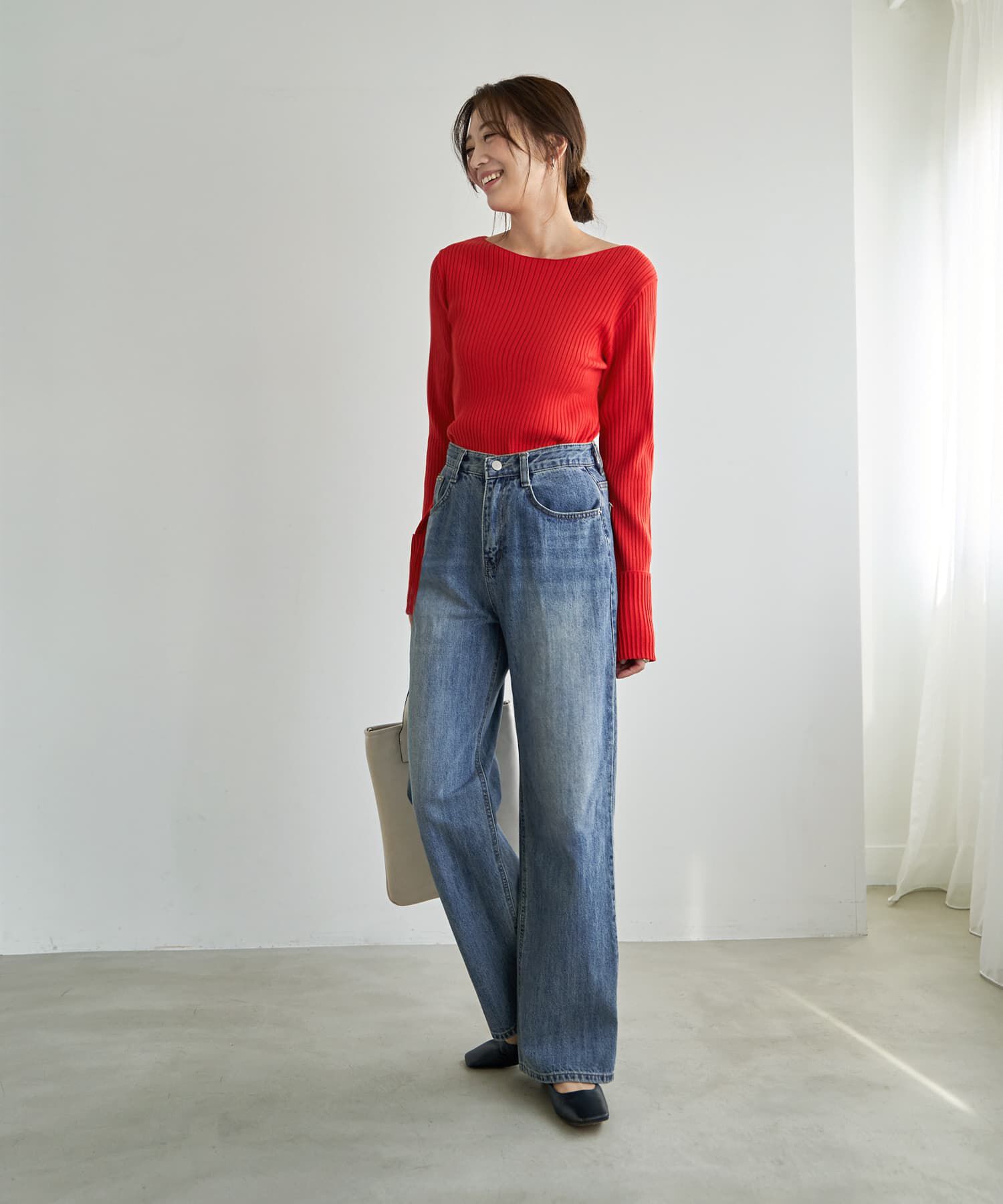 STYLE DELI「袖口折り返しボートネックリブトップス」|ニット・セーター|