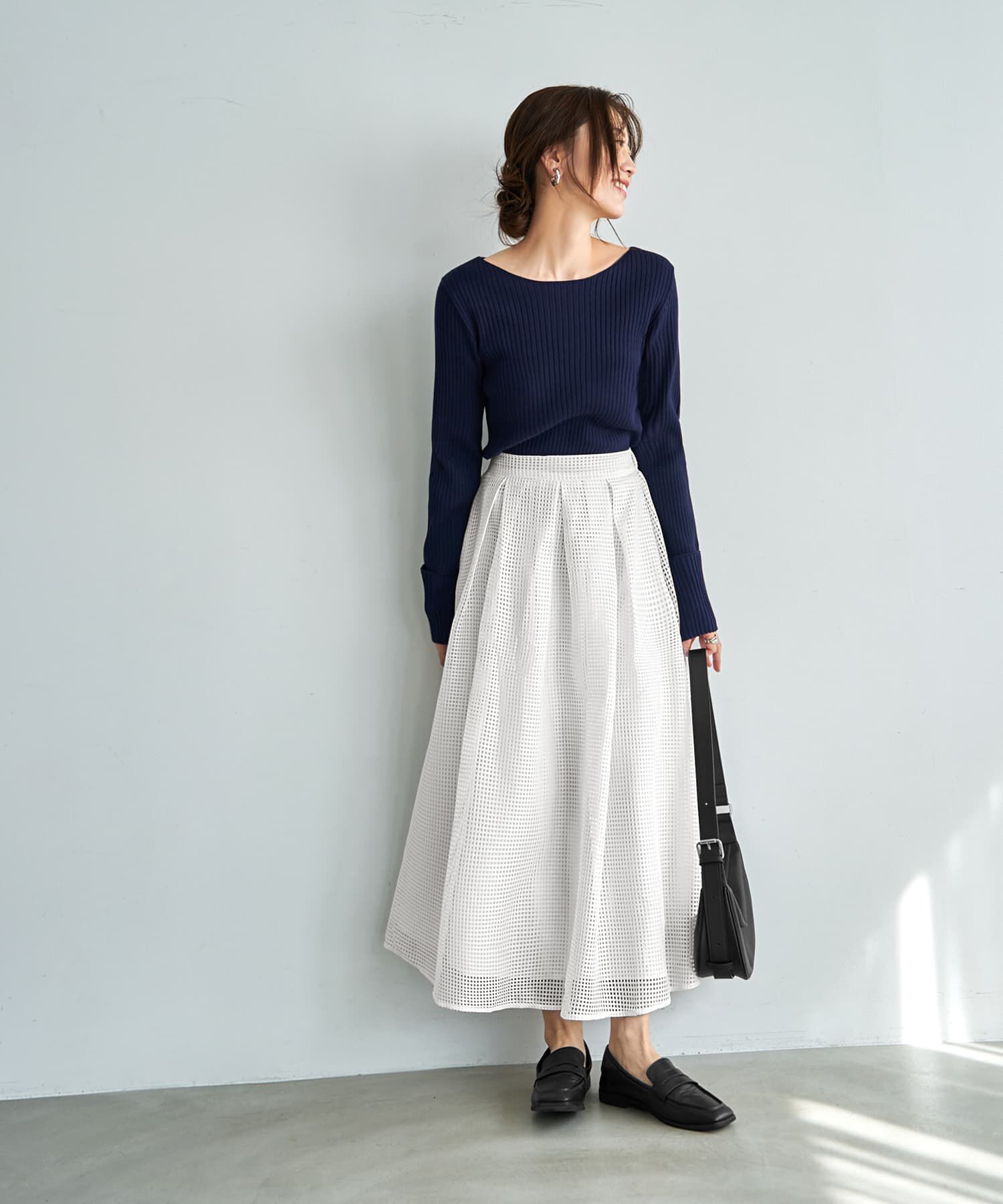 STYLE DELI「袖口折り返しボートネックリブトップス」|ニット・セーター|