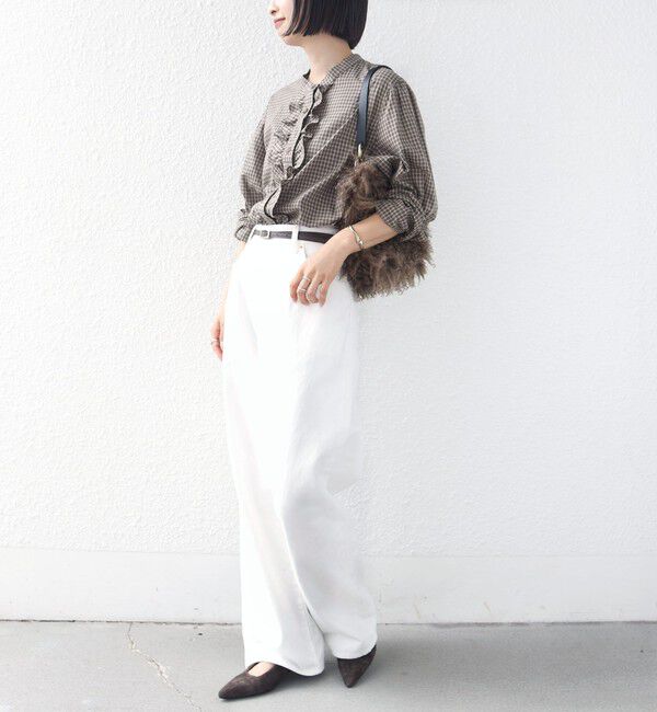 SHIPS for women「【WEB限定】〈手洗い可能〉チェック フリル ロングスリーブ シャツ（ベージュ）」|シャツ・ブラウス|