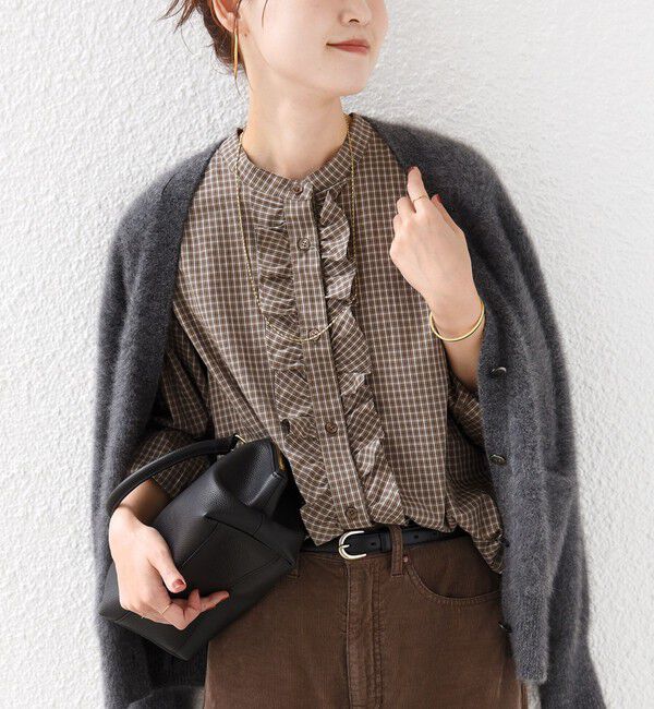 SHIPS for women「【WEB限定】〈手洗い可能〉チェック フリル ロングスリーブ シャツ（ベージュ）」|シャツ・ブラウス|