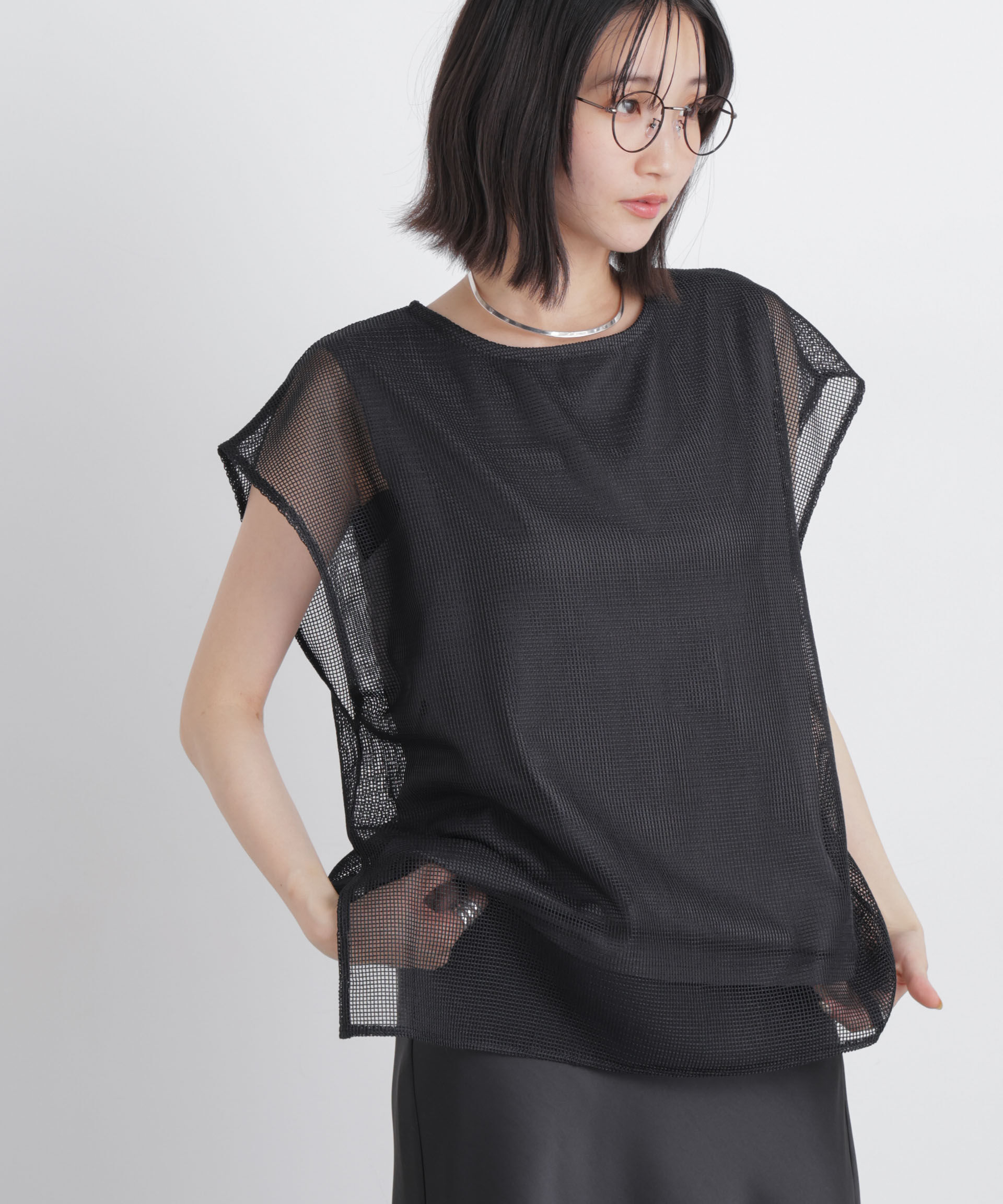 NANO universe「カラミメッシュレイヤードカットトップス」|Tシャツ・カットソー|ブラック