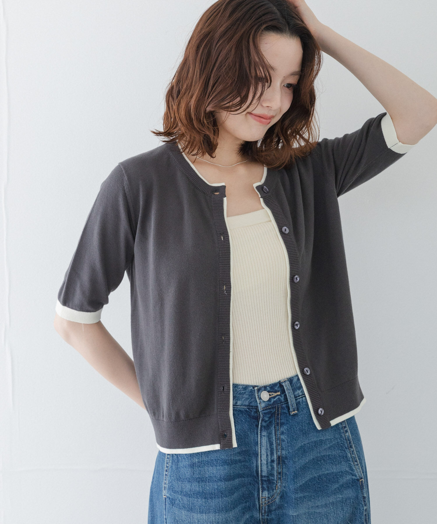 Sonny Label 「クールミスト配色クルーネックカーディガン」|カーディガン|チャコールグレー