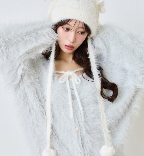  「ビジュー＆ポンポン付きシャギー猫耳ビーニー」|その他|